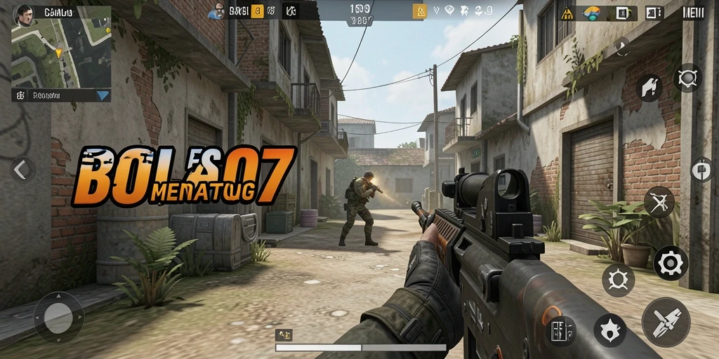 Screenshot gameplay BOLA07 menunjukkan aksi tembak-menembak yang intens.