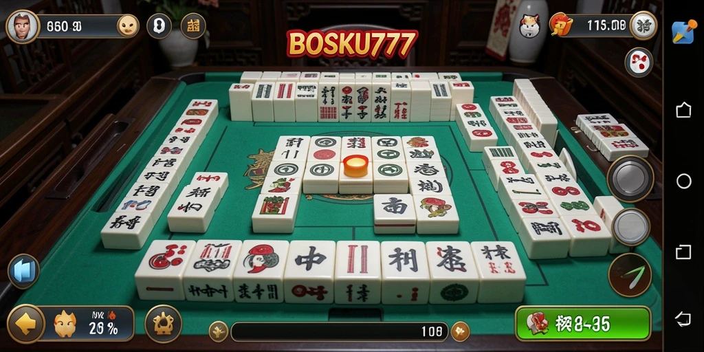 Screenshot dari gameplay BOSKU777 yang menunjukkan aksi Mahjong penuh warna.