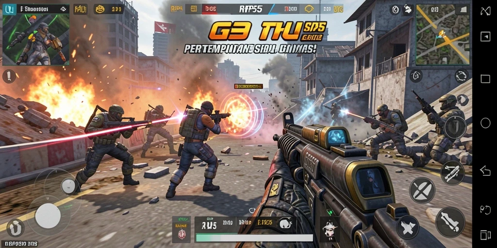 Screenshot utama RP55 menunjukkan gameplay seru dalam TPS.