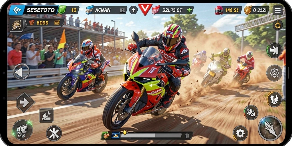 Gameplay balapan motor yang seru dan menegangkan di SESETOTO.