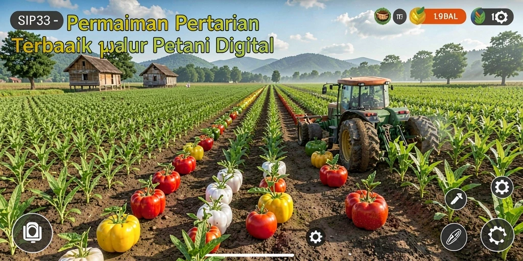 Tampilan gameplay SIP33 dengan ladang yang subur dan hewan ternak.