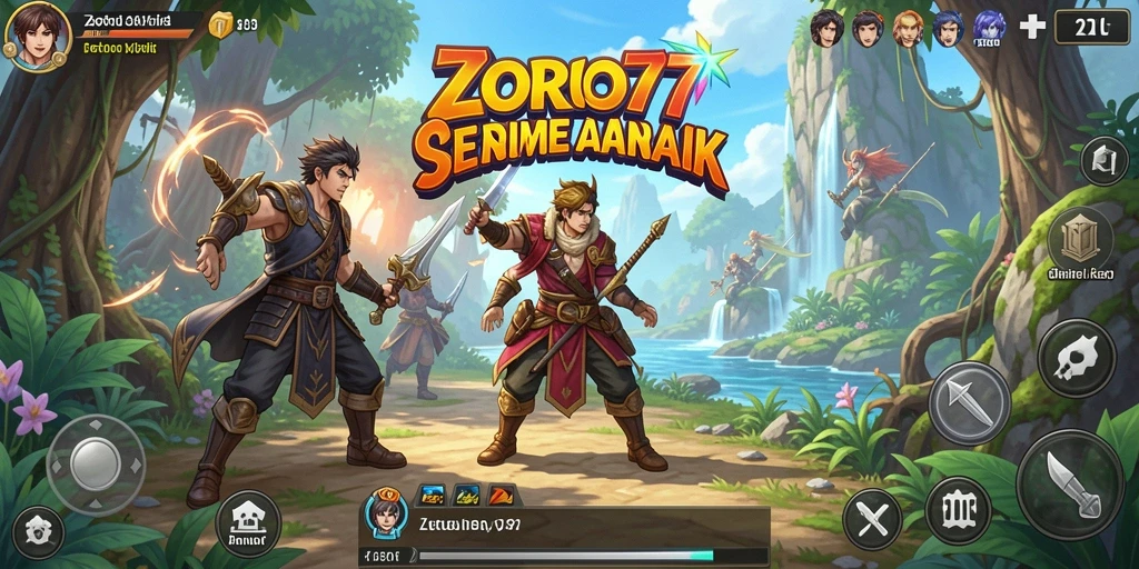 Tangkapan layar gameplay ZORO77 menunjukkan aksi karakter anime yang seru.